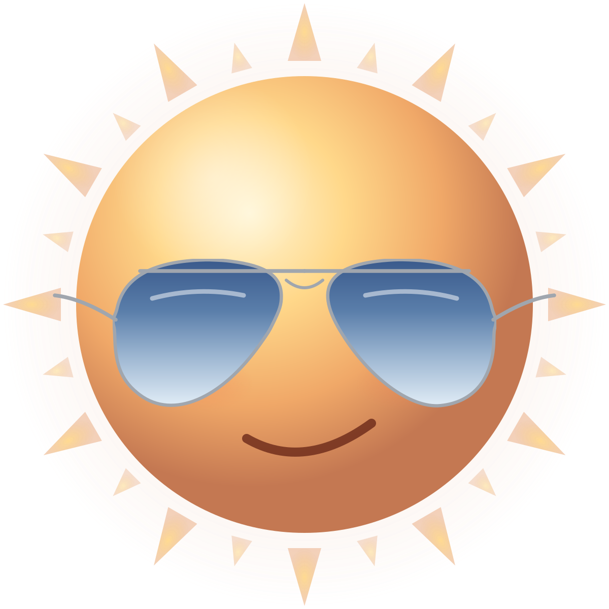 the soma sun, an orange disc with classic Ray-Ban aviators, sun-ray hair around the body, and a knowing smirk